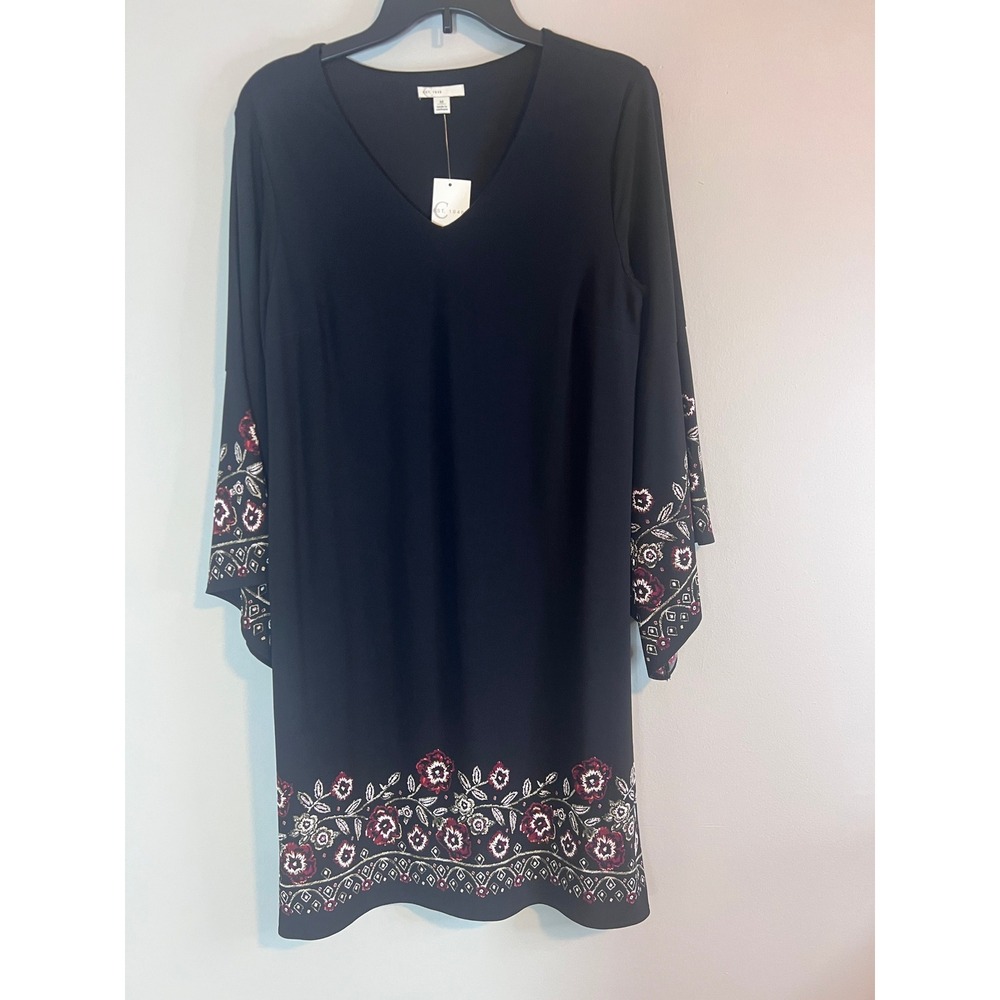 Est. 1946 Black Floral Embroidered V-Neck Bell Sleeve Shift Dress NWT Medium